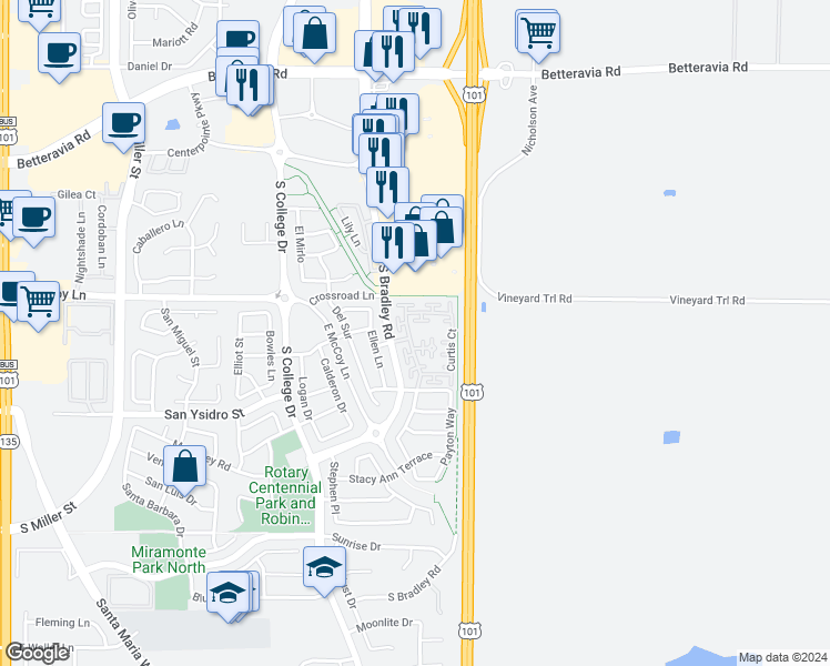 map of restaurants, bars, coffee shops, grocery stores, and more near 2460 Rubel Way in Santa Maria