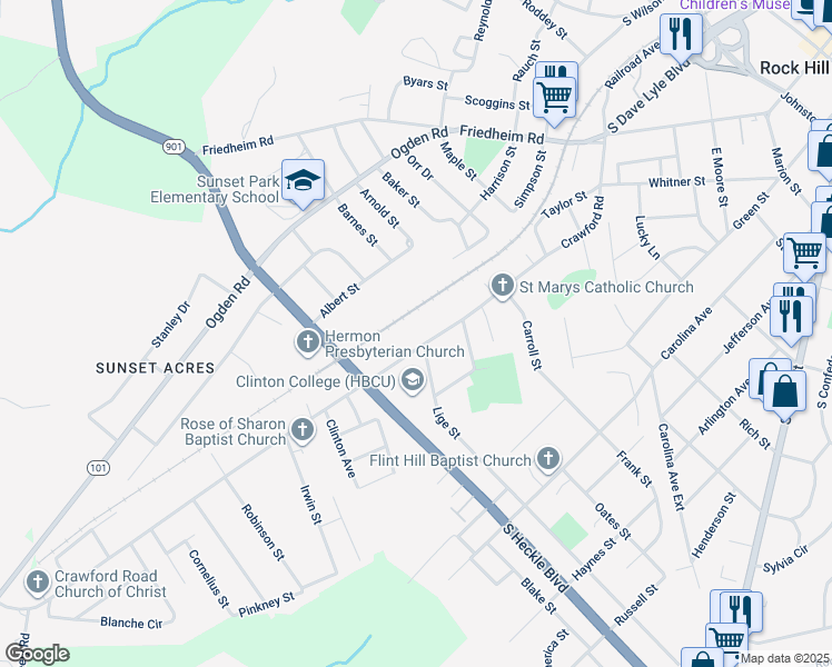 map of restaurants, bars, coffee shops, grocery stores, and more near 1016 Crawford Road in Rock Hill