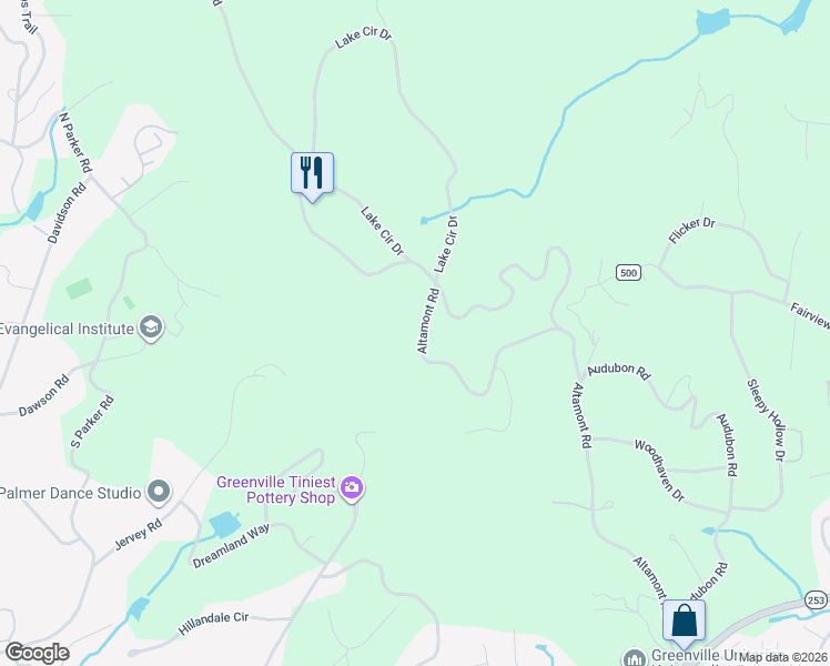 map of restaurants, bars, coffee shops, grocery stores, and more near 651 Altamont Road in Greenville
