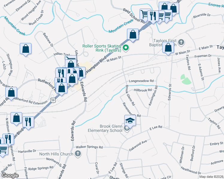 map of restaurants, bars, coffee shops, grocery stores, and more near 112 Longmeadow Road in Taylors