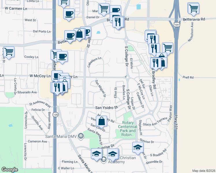 map of restaurants, bars, coffee shops, grocery stores, and more near 558 Santa Cruz Court in Santa Maria