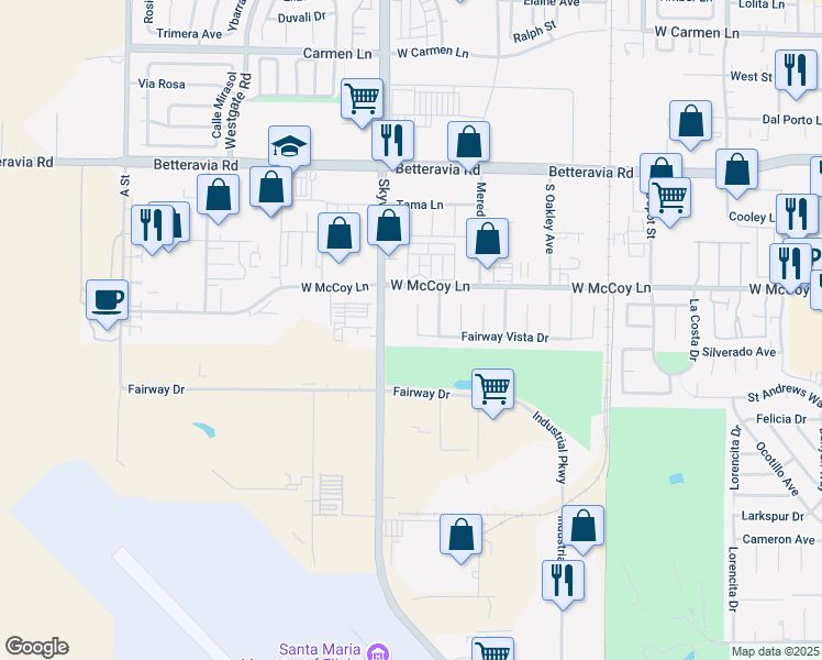 map of restaurants, bars, coffee shops, grocery stores, and more near 2435 Iron Ridge Court in Santa Maria