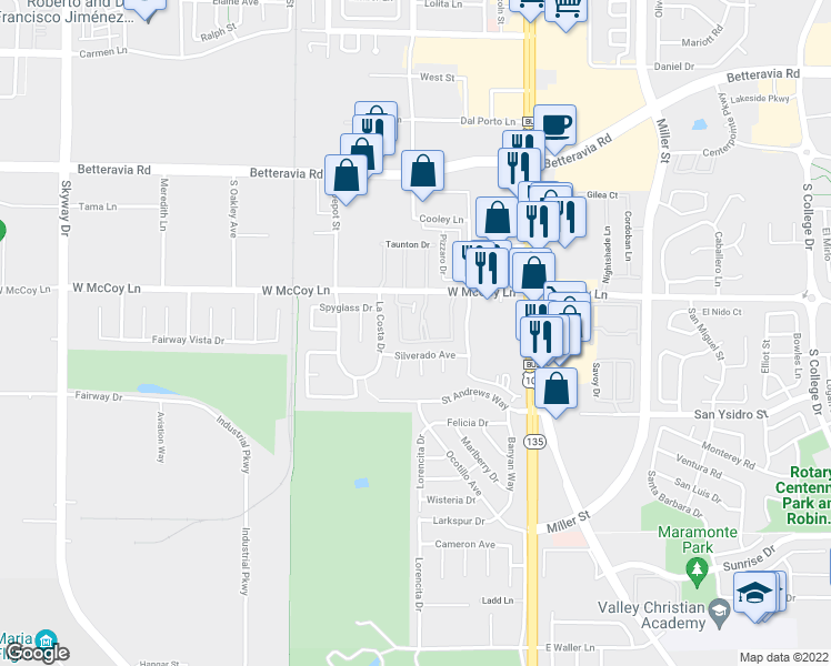 map of restaurants, bars, coffee shops, grocery stores, and more near 2477 Village Green in Santa Maria