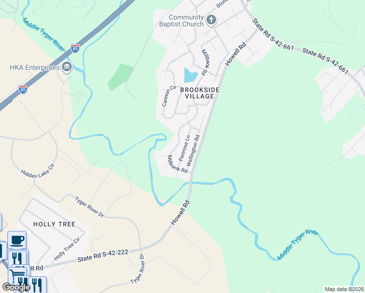 map of restaurants, bars, coffee shops, grocery stores, and more near 211 Penrose Lane in Wellford