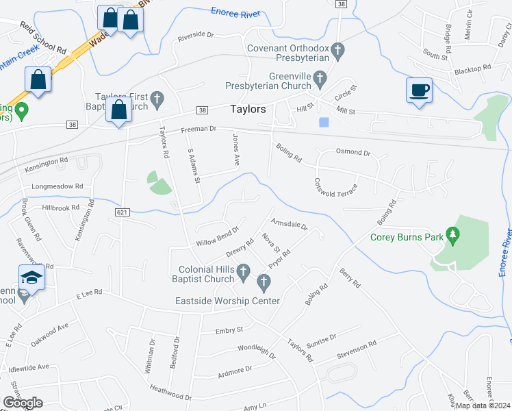 map of restaurants, bars, coffee shops, grocery stores, and more near 304 Winding Willow Trail in Taylors