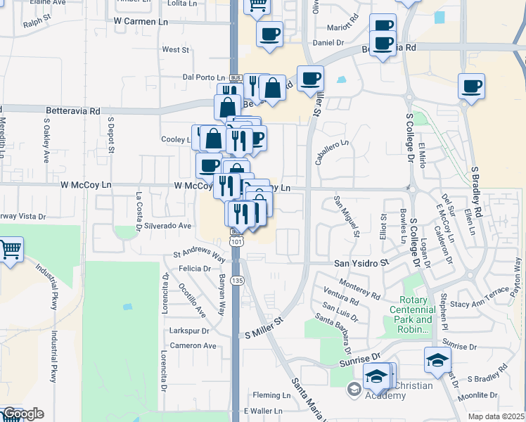 map of restaurants, bars, coffee shops, grocery stores, and more near 2400 South Broadway in Santa Maria