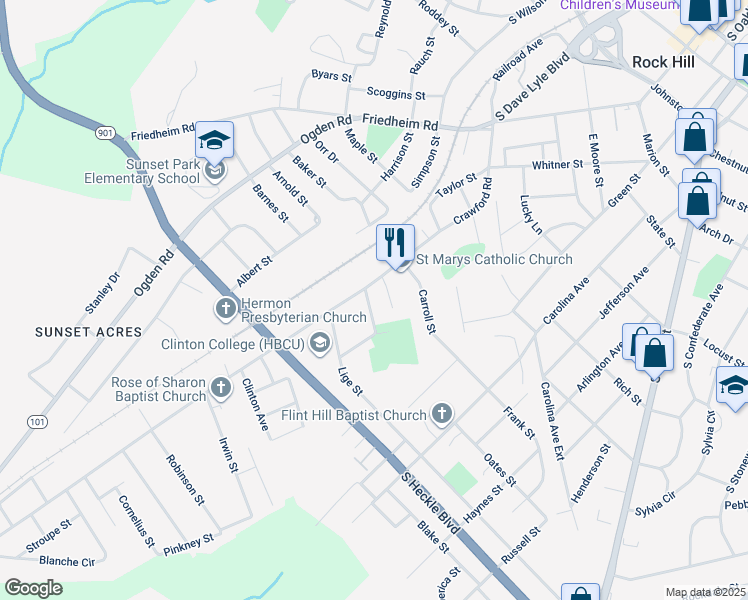 map of restaurants, bars, coffee shops, grocery stores, and more near 211 Simrill Street in Rock Hill