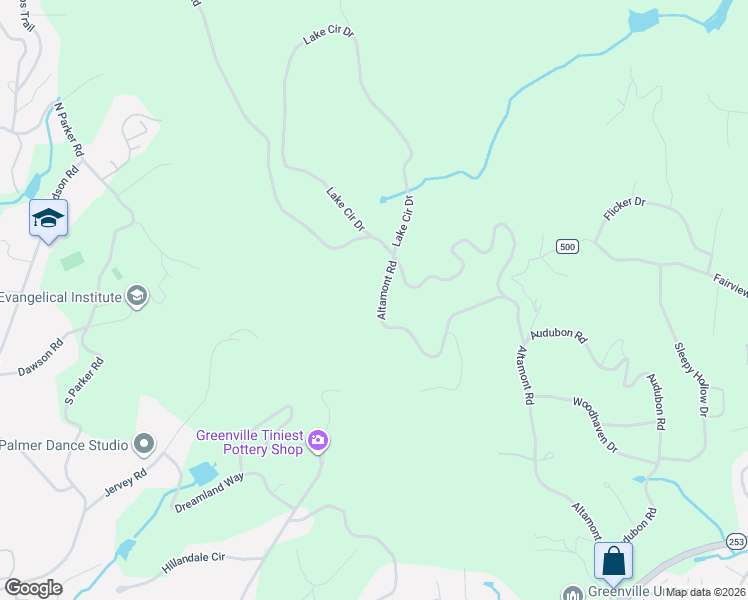 map of restaurants, bars, coffee shops, grocery stores, and more near 651 Altamont Road in Greenville