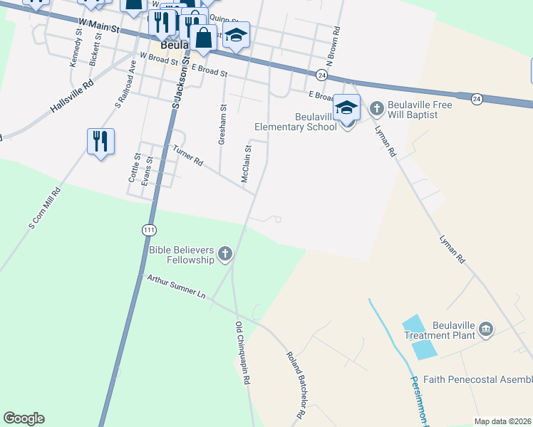 map of restaurants, bars, coffee shops, grocery stores, and more near 119 Oxford Court in Beulaville