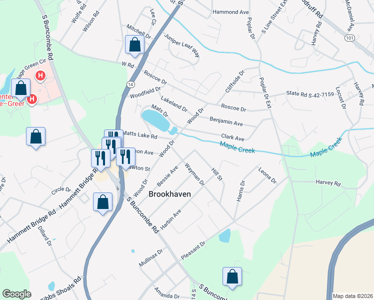 map of restaurants, bars, coffee shops, grocery stores, and more near 101 Muse Circle in Greer