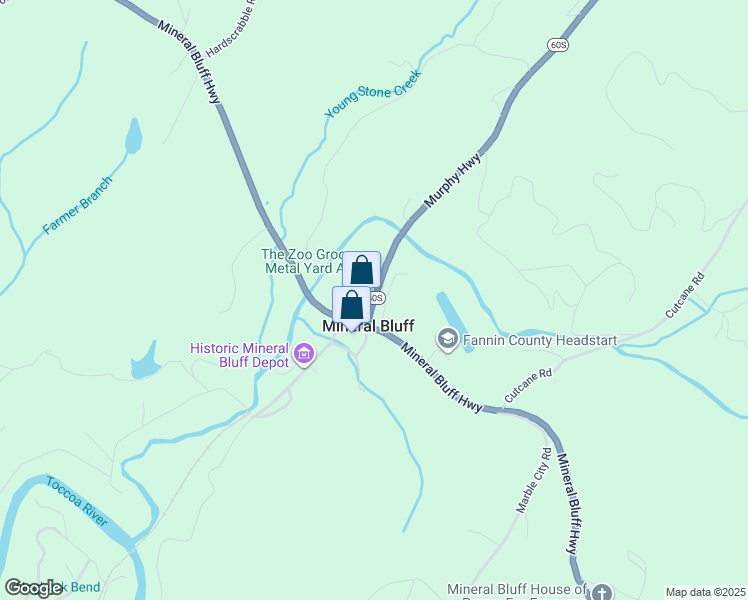 map of restaurants, bars, coffee shops, grocery stores, and more near 30 Spruce Street in Mineral Bluff