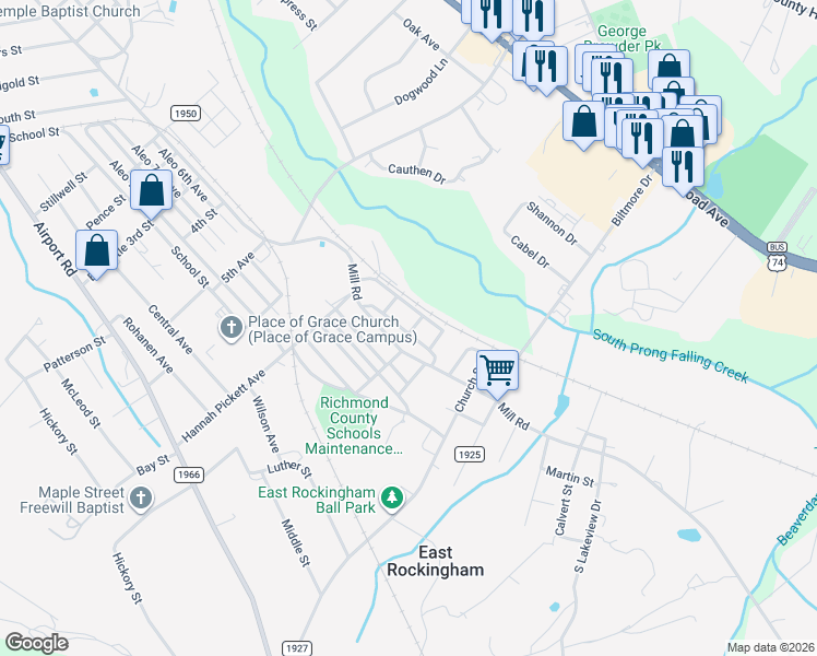 map of restaurants, bars, coffee shops, grocery stores, and more near 26 1st Avenue in Rockingham