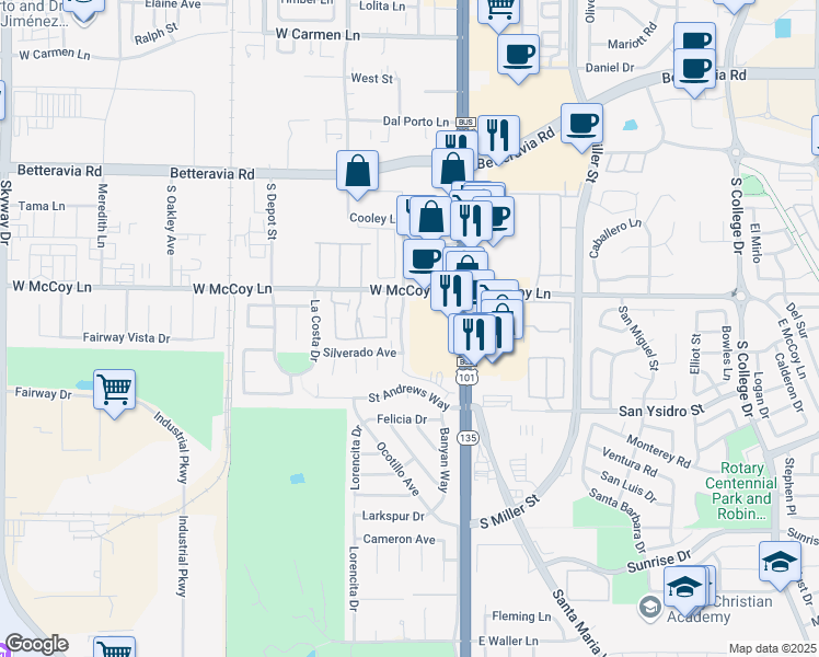 map of restaurants, bars, coffee shops, grocery stores, and more near 2436 Professional Parkway in Santa Maria
