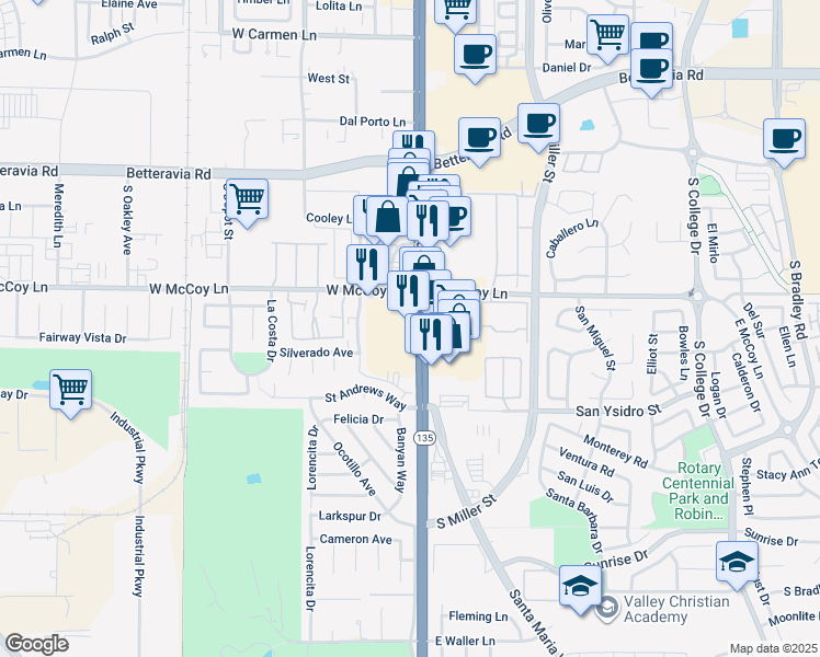 map of restaurants, bars, coffee shops, grocery stores, and more near 2445 South Broadway in Santa Maria