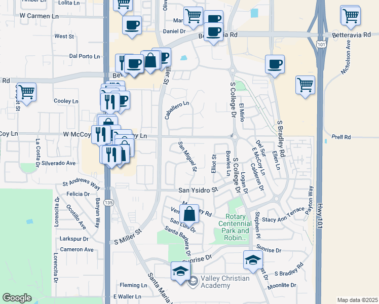 map of restaurants, bars, coffee shops, grocery stores, and more near 2432 San Miguel Street in Santa Maria