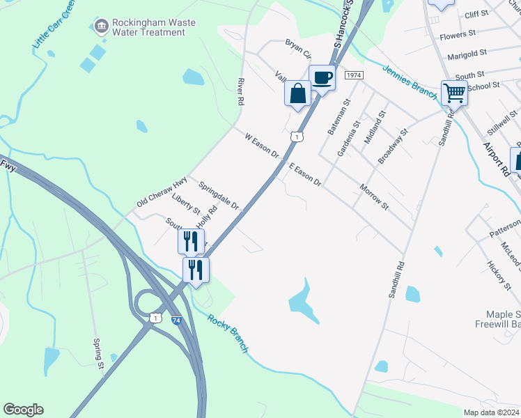 map of restaurants, bars, coffee shops, grocery stores, and more near 415 US Highway 1 South in Rockingham