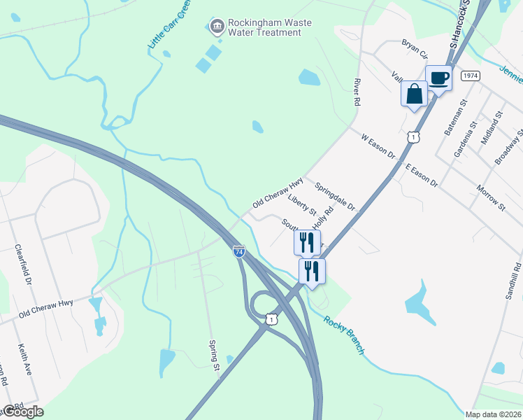 map of restaurants, bars, coffee shops, grocery stores, and more near 257 Old Cheraw Highway in Rockingham