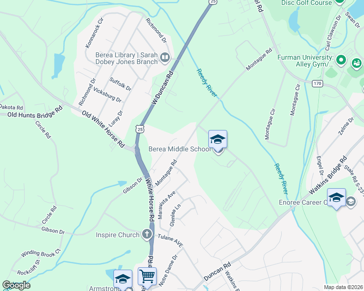 map of restaurants, bars, coffee shops, grocery stores, and more near 83a Montague Road in Greenville