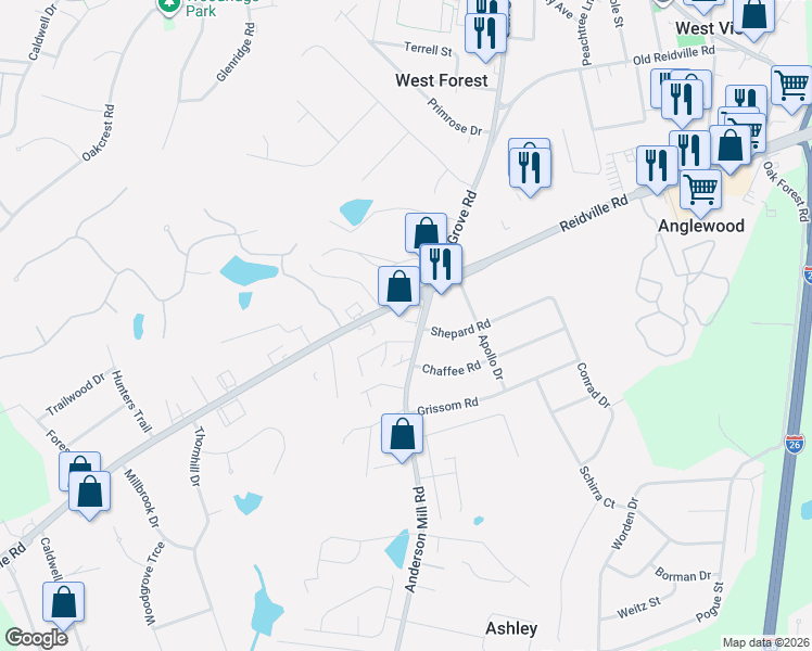 map of restaurants, bars, coffee shops, grocery stores, and more near 4010 Anderson Mill Road in Spartanburg