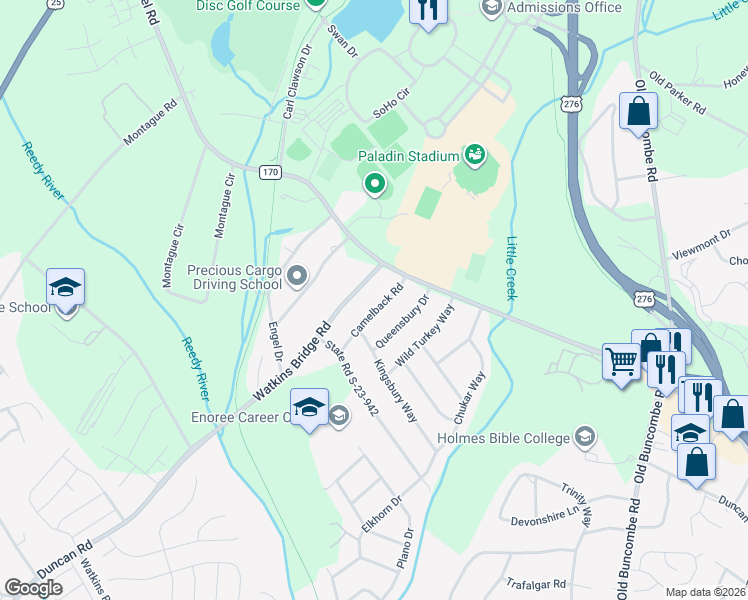 map of restaurants, bars, coffee shops, grocery stores, and more near 10 Camelback Road in Greenville