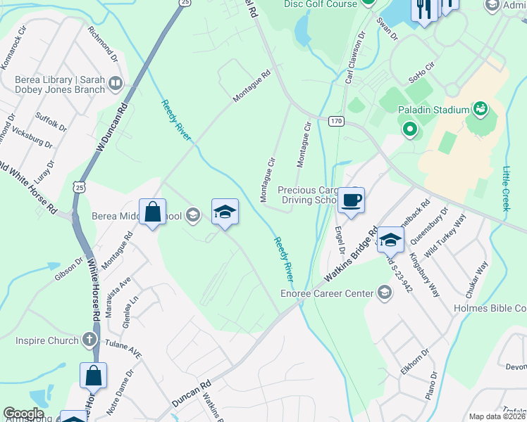 map of restaurants, bars, coffee shops, grocery stores, and more near 40 Montague Circle in Greenville