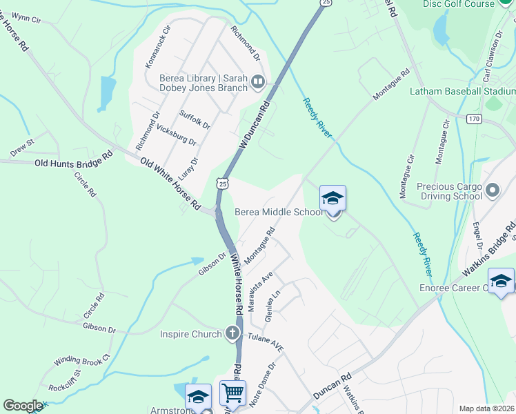 map of restaurants, bars, coffee shops, grocery stores, and more near 125 Montague Drive in Greenville