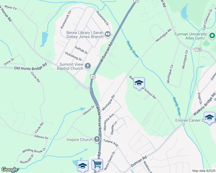 map of restaurants, bars, coffee shops, grocery stores, and more near 125 Montague Drive in Greenville