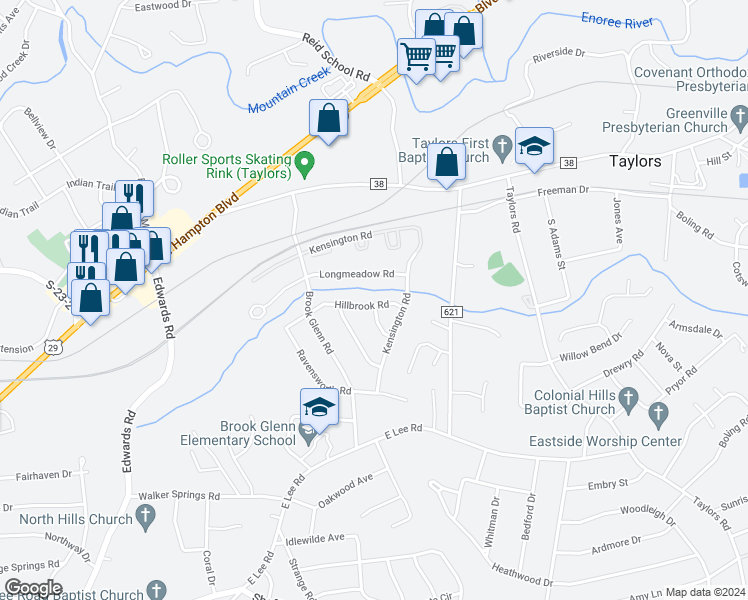 map of restaurants, bars, coffee shops, grocery stores, and more near 8 Hillbrook Road in Taylors