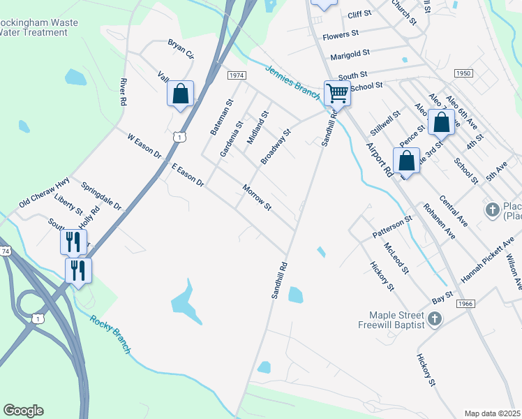 map of restaurants, bars, coffee shops, grocery stores, and more near 154 Morrow Street in Rockingham