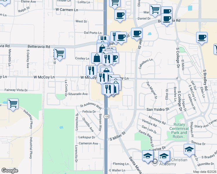 map of restaurants, bars, coffee shops, grocery stores, and more near 2430 South Broadway in Santa Maria