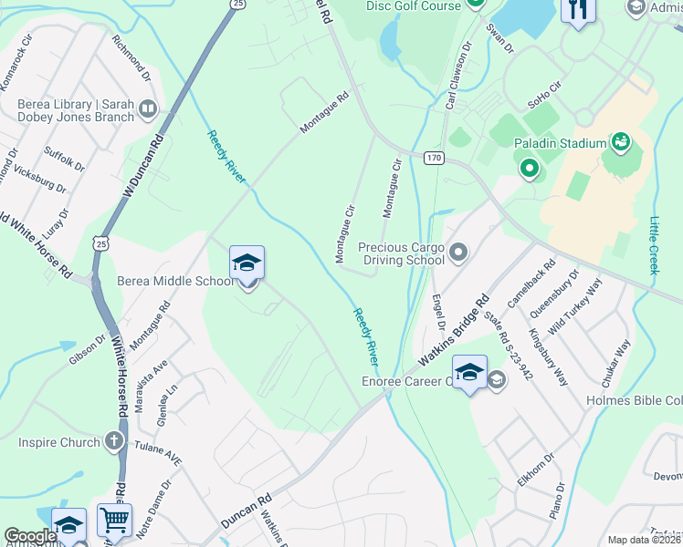 map of restaurants, bars, coffee shops, grocery stores, and more near 40 Montague Circle in Greenville