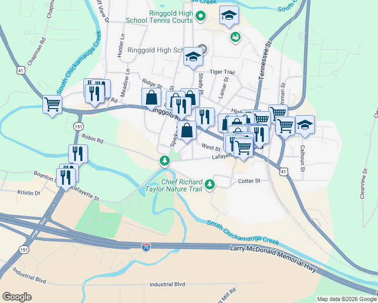 map of restaurants, bars, coffee shops, grocery stores, and more near 127 Cleveland Street in Ringgold