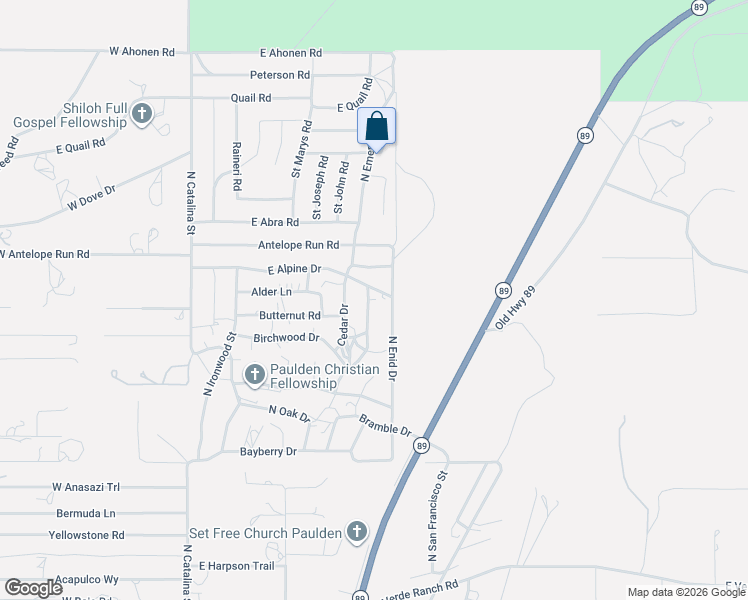 map of restaurants, bars, coffee shops, grocery stores, and more near 25425 Cedar Drive in Paulden