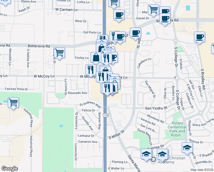 map of restaurants, bars, coffee shops, grocery stores, and more near 2430 South Broadway in Santa Maria