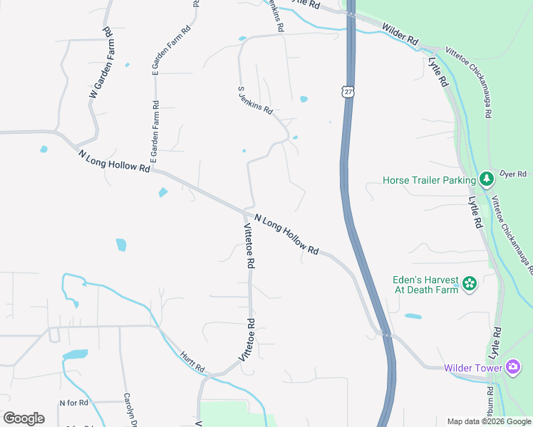 map of restaurants, bars, coffee shops, grocery stores, and more near 990 North Long Hollow Road in Chickamauga