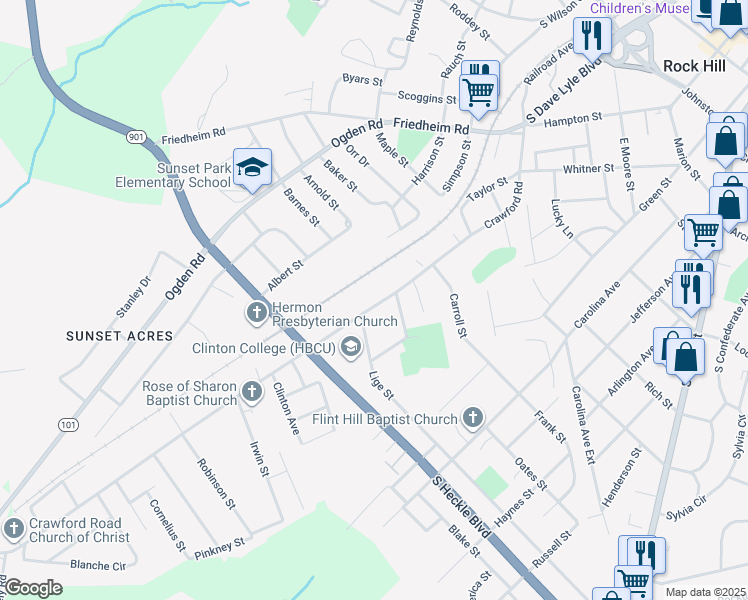 map of restaurants, bars, coffee shops, grocery stores, and more near 970 Crawford Road in Rock Hill