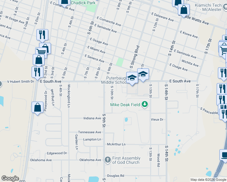map of restaurants, bars, coffee shops, grocery stores, and more near 1312 South 10th Street in McAlester