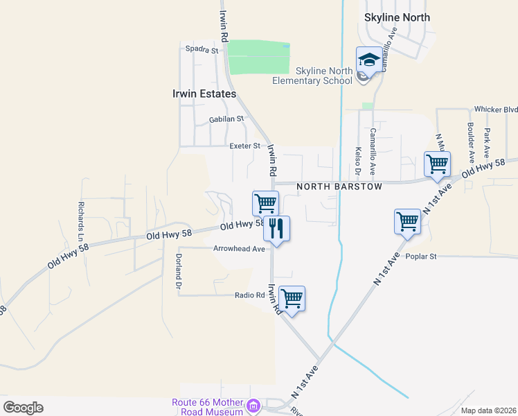 map of restaurants, bars, coffee shops, grocery stores, and more near 36622 Irwin Road in Barstow