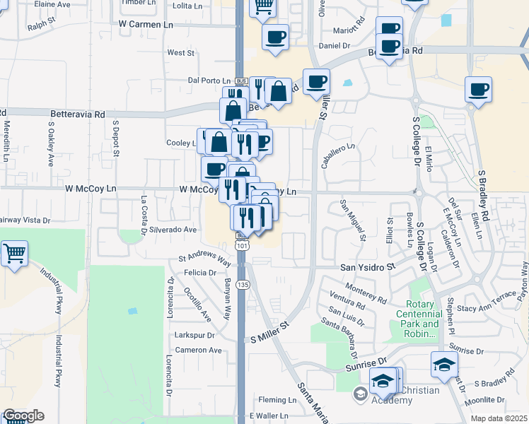 map of restaurants, bars, coffee shops, grocery stores, and more near 2400 South Broadway in Santa Maria