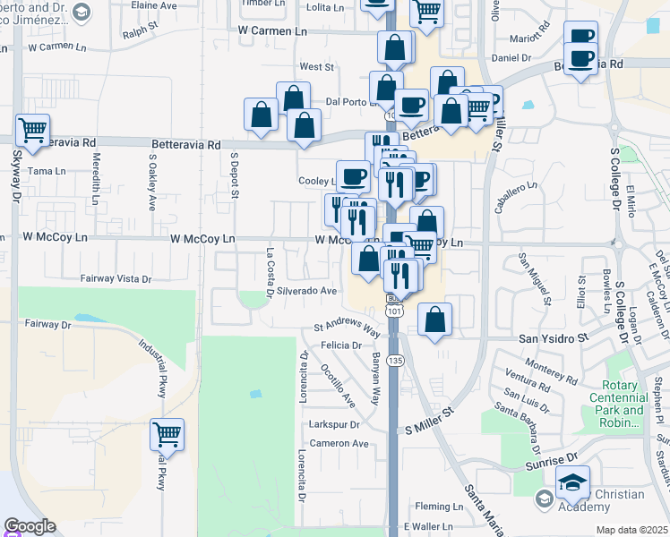 map of restaurants, bars, coffee shops, grocery stores, and more near 2436 Professional Pkwy in Santa Maria