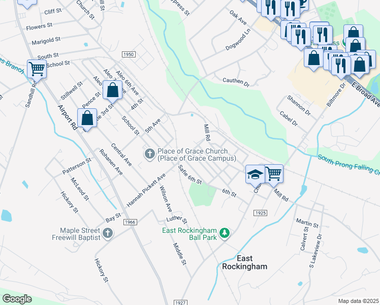 map of restaurants, bars, coffee shops, grocery stores, and more near 106 Hannah Pickett 1st Avenue in Rockingham