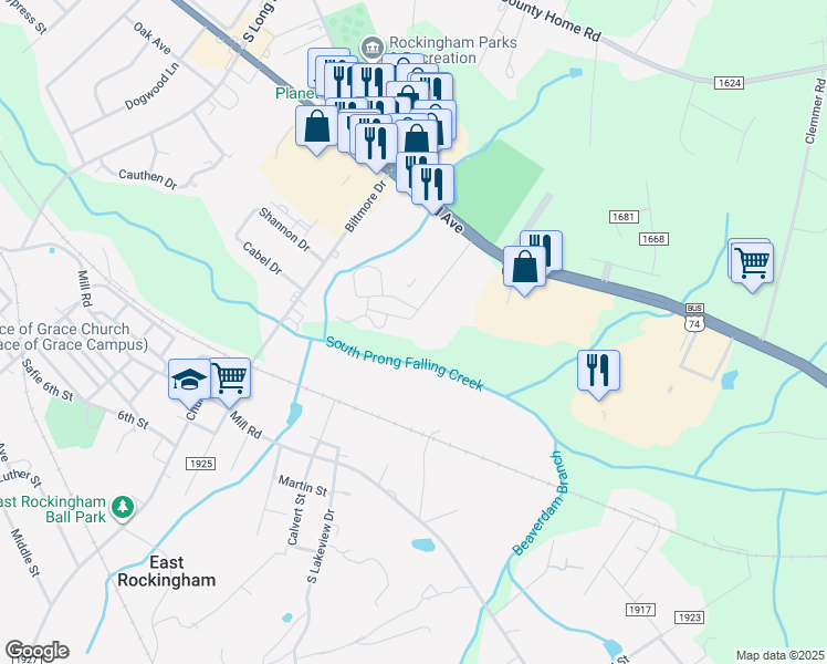 map of restaurants, bars, coffee shops, grocery stores, and more near 135 Lady Mary Lane in Rockingham