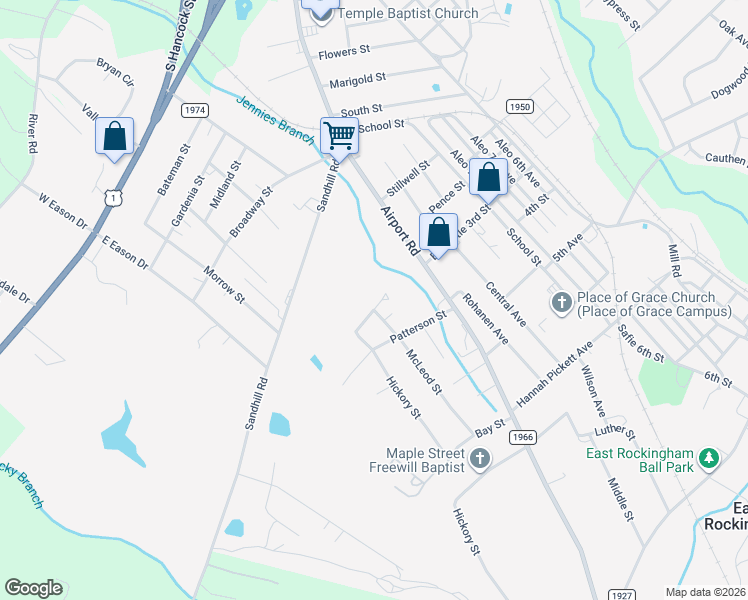 map of restaurants, bars, coffee shops, grocery stores, and more near 119 Grant Street in Rockingham