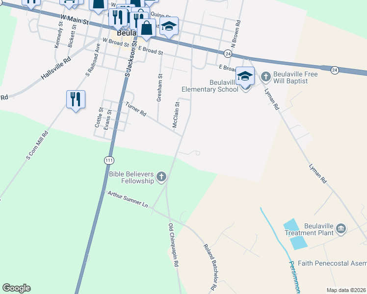 map of restaurants, bars, coffee shops, grocery stores, and more near 119 Oxford Court in Beulaville