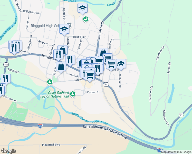 map of restaurants, bars, coffee shops, grocery stores, and more near 7839 Nashville Street in Ringgold