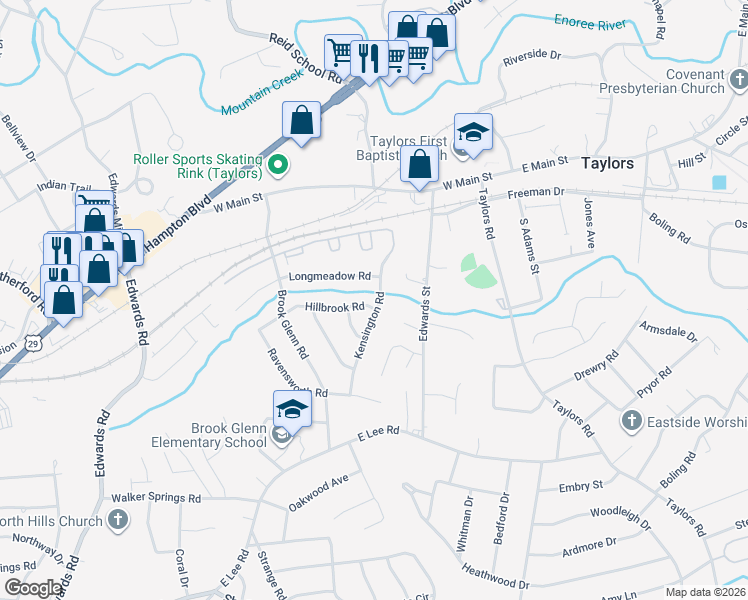 map of restaurants, bars, coffee shops, grocery stores, and more near 4 Hillbrook Road in Taylors