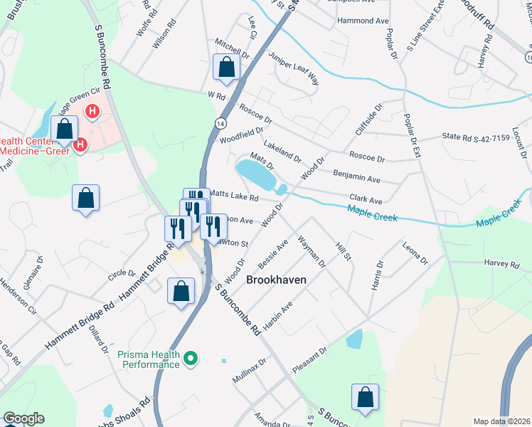 map of restaurants, bars, coffee shops, grocery stores, and more near 303 Wood Drive in Greer