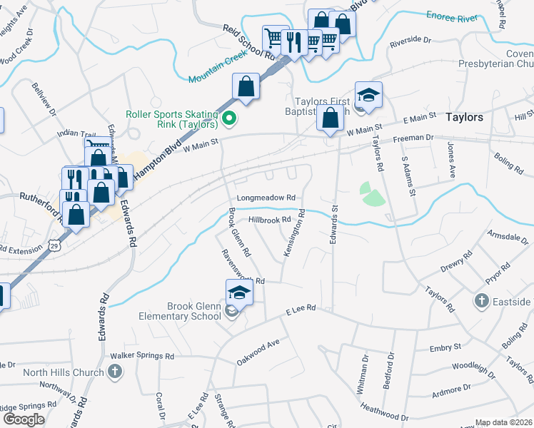 map of restaurants, bars, coffee shops, grocery stores, and more near 102 Hillbrook Road in Taylors
