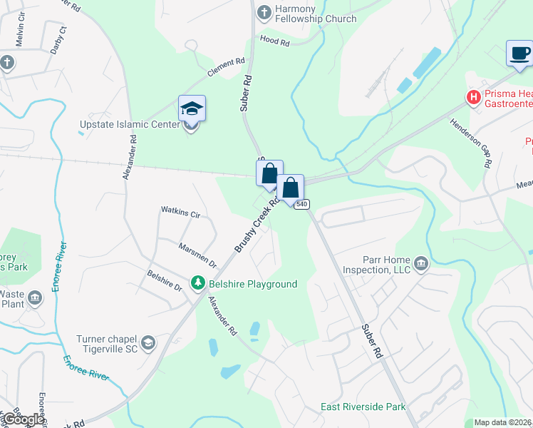 map of restaurants, bars, coffee shops, grocery stores, and more near 3130 Brushy Creek Road in Greer
