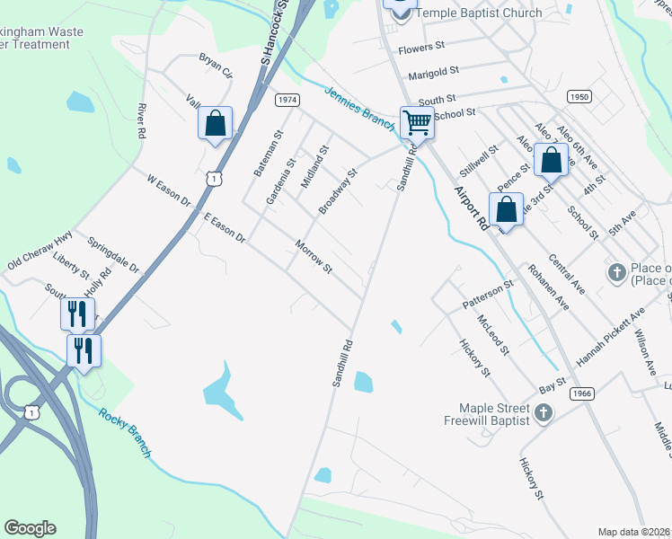 map of restaurants, bars, coffee shops, grocery stores, and more near 161 Morrow Street in Rockingham